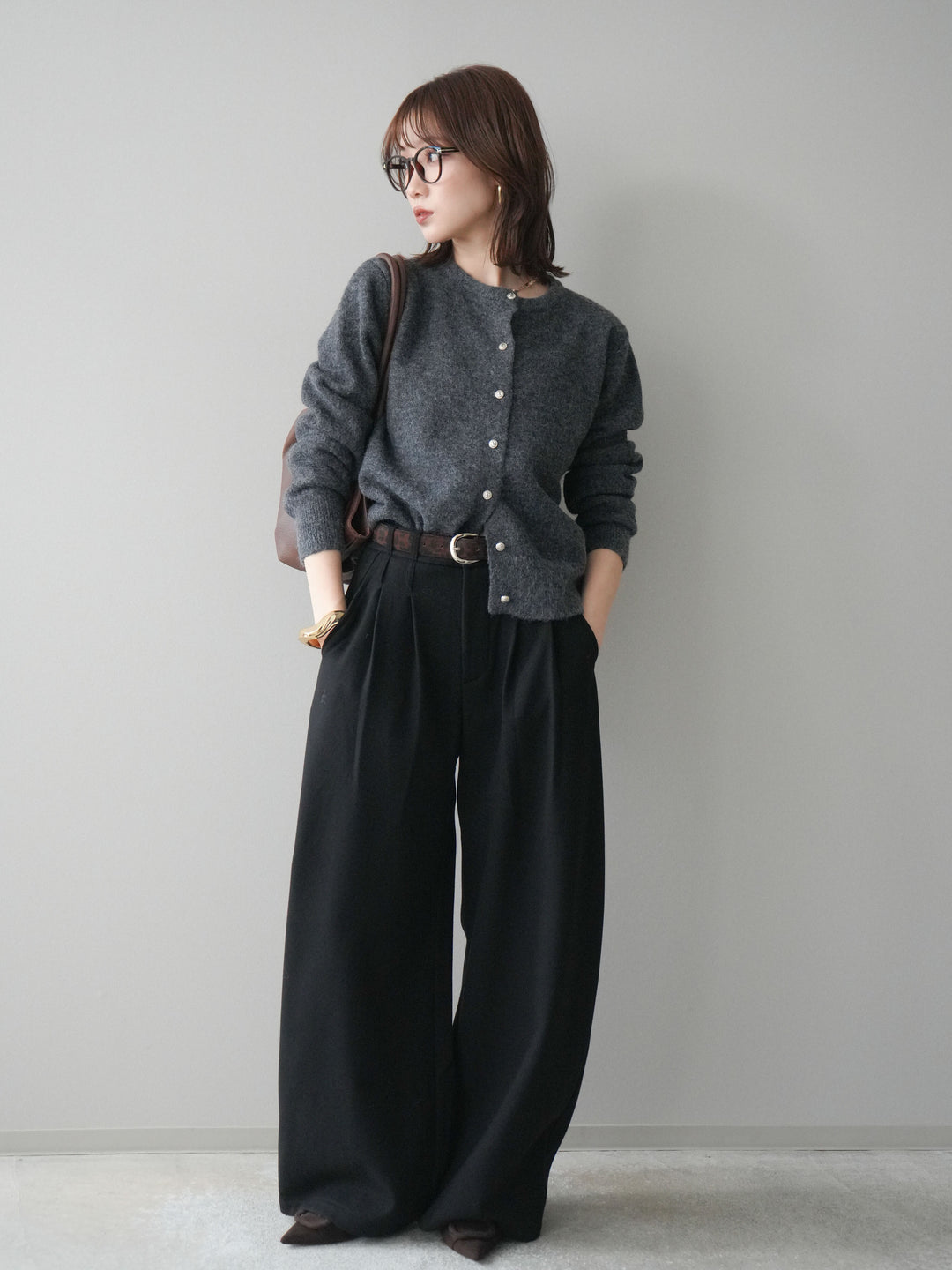 [予約]アニマル柄ベルト付きウールタッチワイドパンツ/black