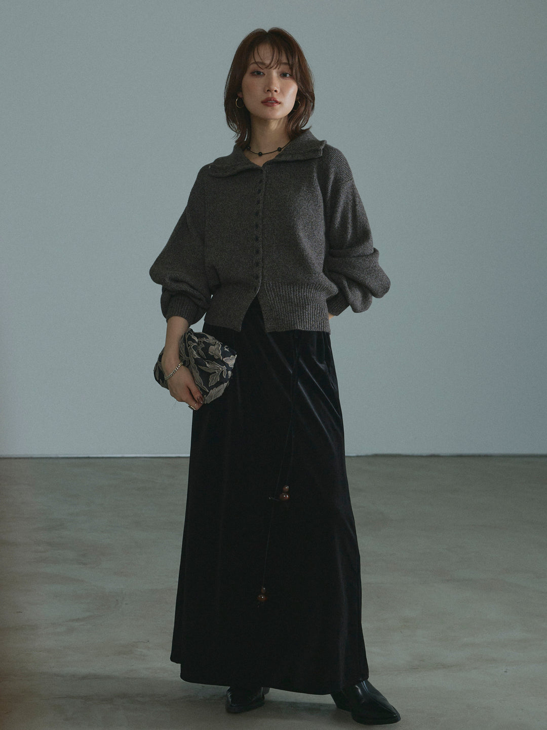 [予約]ミックスハイネックカーディガン/charcoal