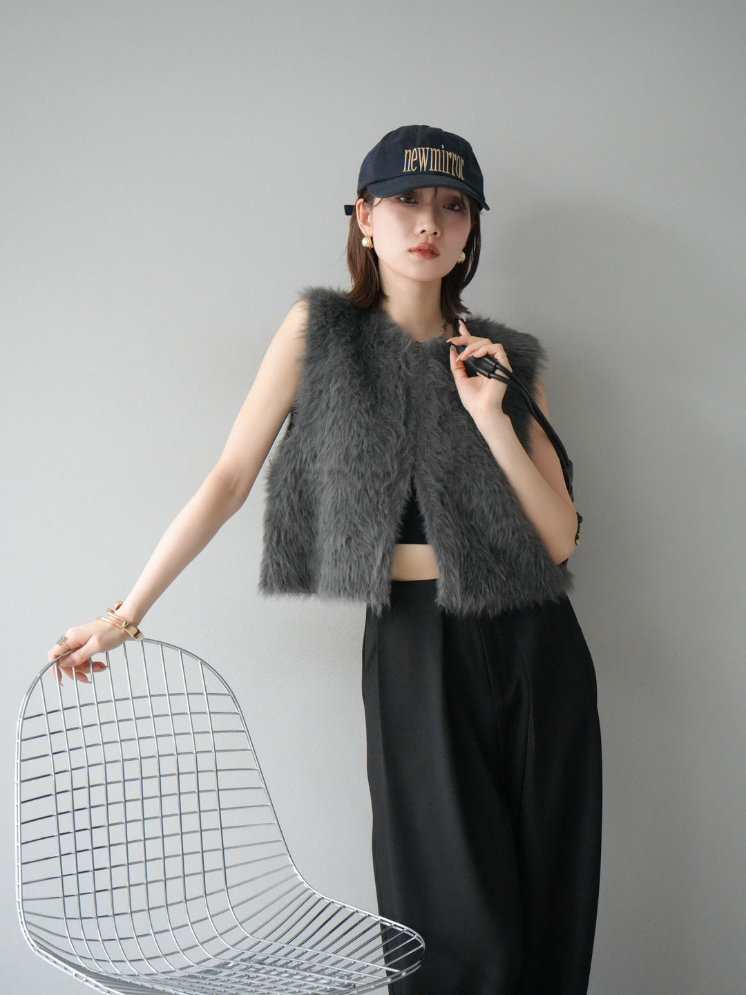 [予約]ミンクライク前後2WAYショートジレ/チャコール