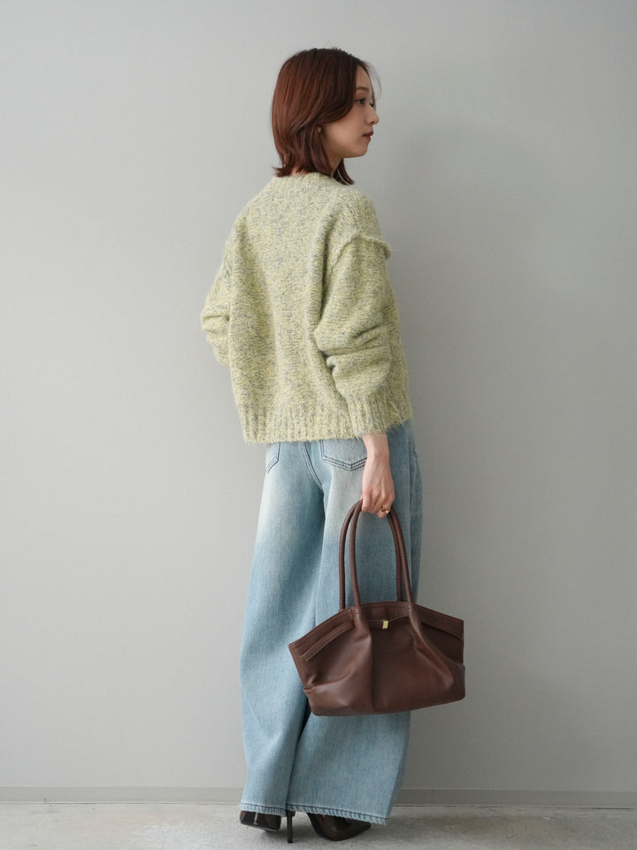 [SET]ミックスヤーンダブルZIPニットカーディガン+ベルト付裏起毛カーブデニムパンツ(2set)