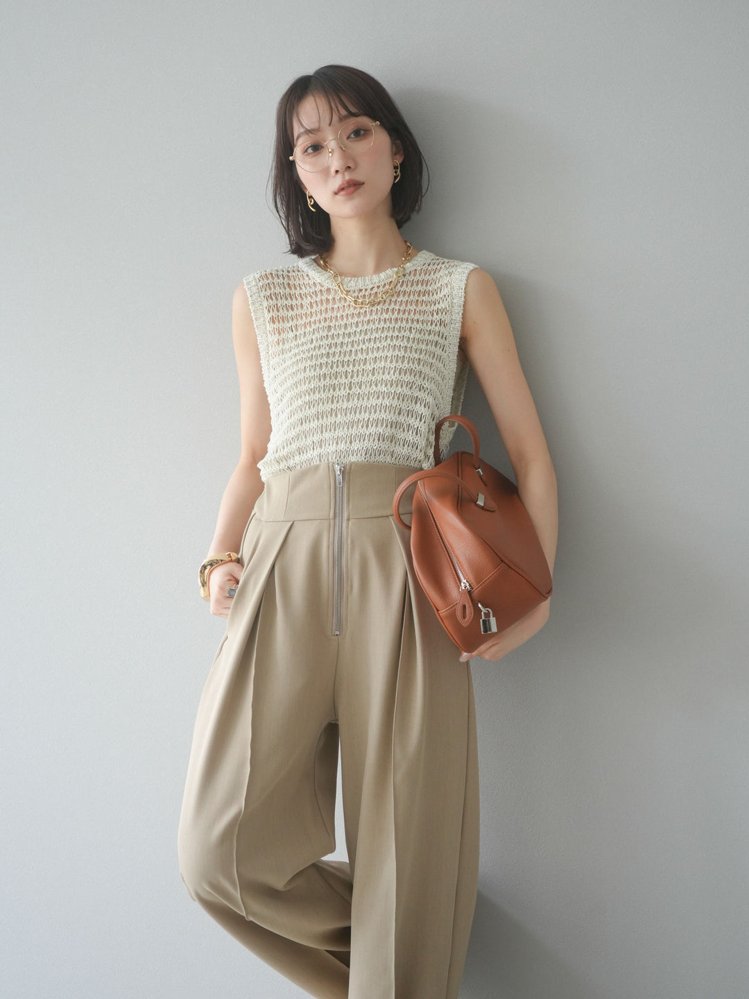 [予約]ミックスヤーン透かし編みニットタンクトップ/アイボリー