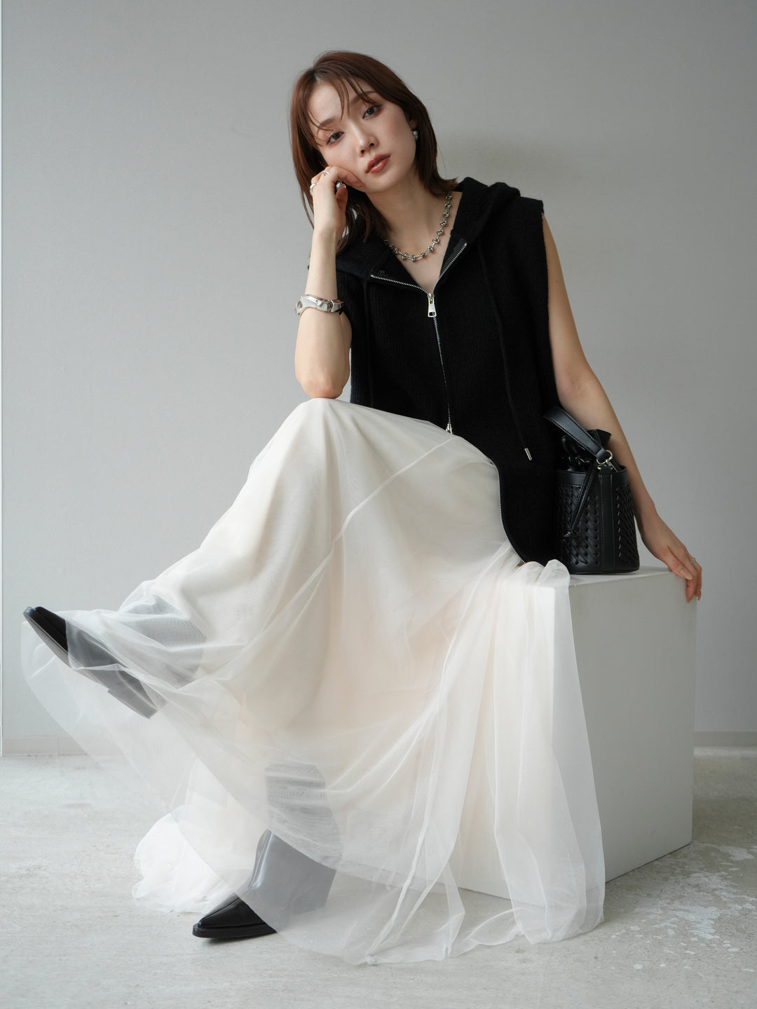 [予約]ノースリーブニットパーカー/ブラック