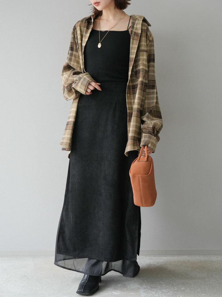 [予約]サイドスリットスウェードドッキングシフォンスカート/ブラック