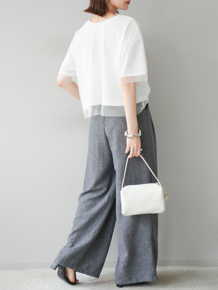 [予約]リネンライクベルト付タックループワイドパンツ/ブラック