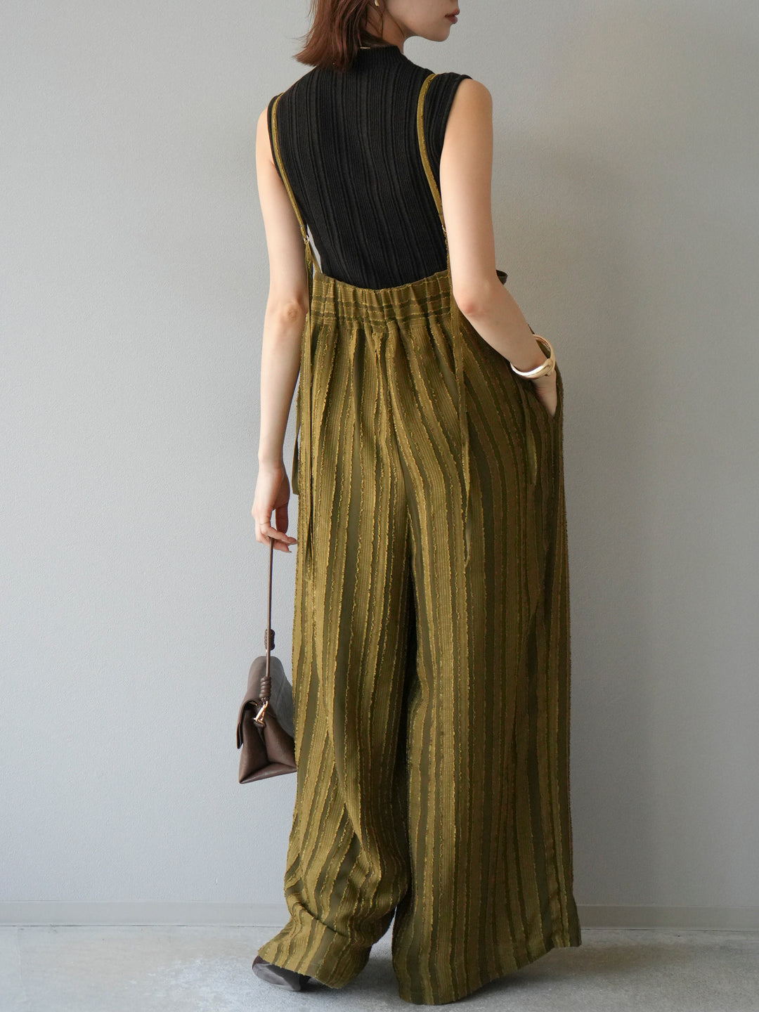 [予約]ジャガードストライプサロペット/カーキ