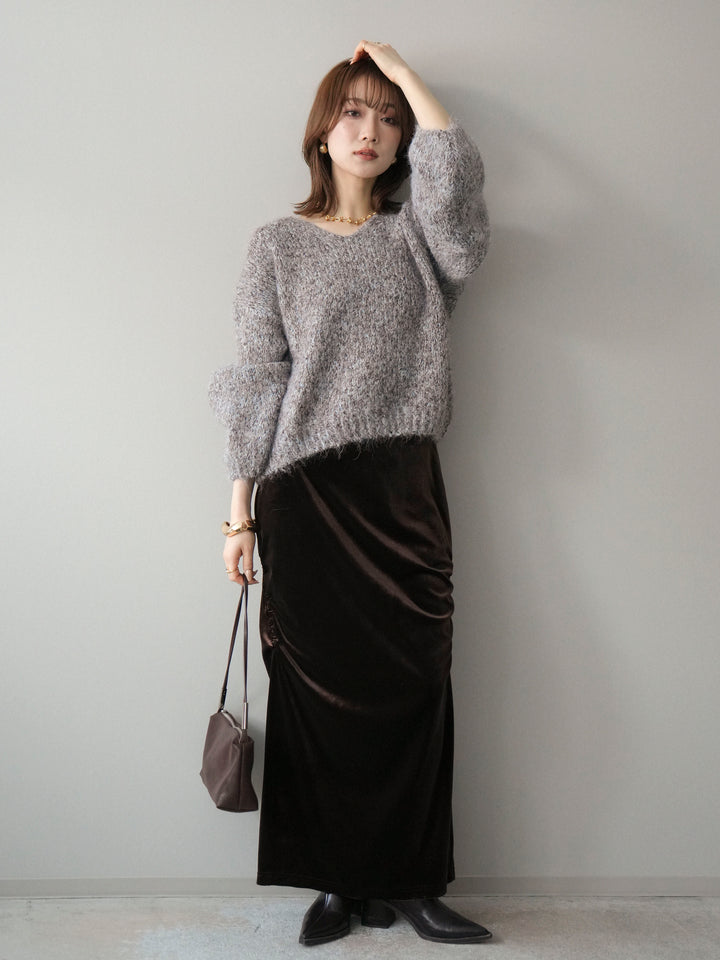 [SET]Vネックミックスヤーンニットプルオーバー+ギャザーベロアスカート(2set)