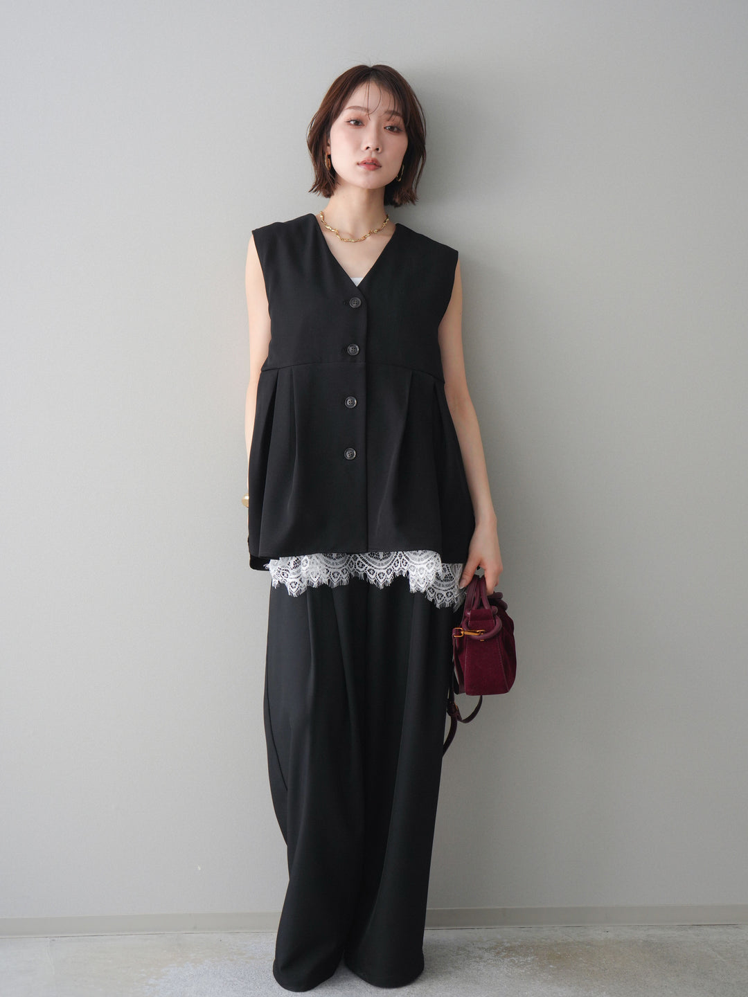 [予約]ウエストバイカラータックワイドパンツ/black