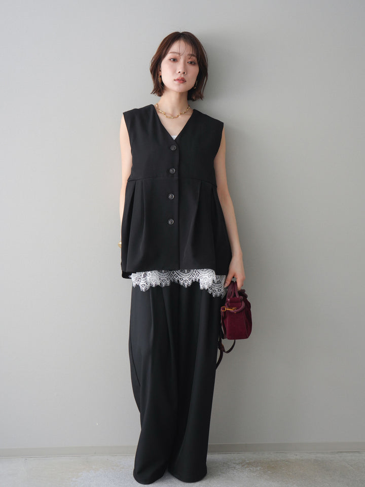 [予約]ウエストバイカラータックワイドパンツ/black