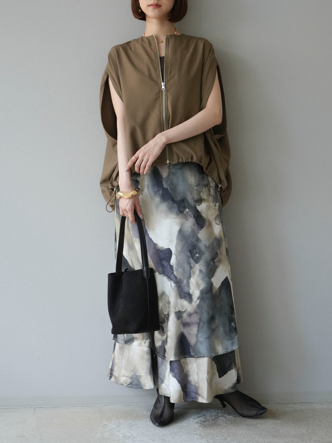 [予約]スリーブレスドロストZIPブルゾン/ブラウン