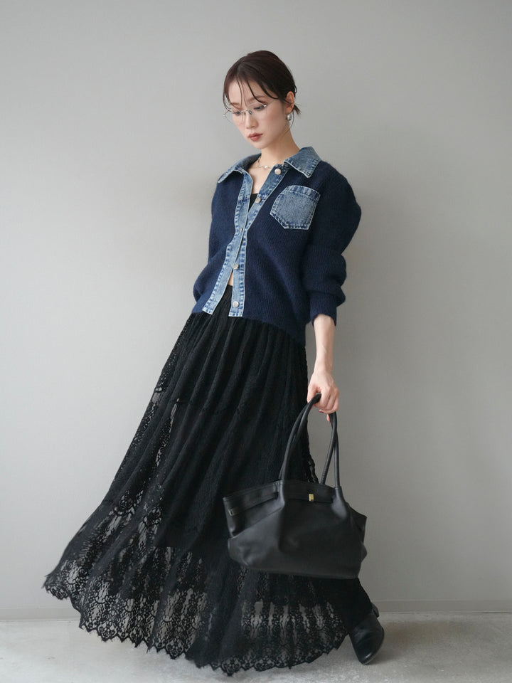 [予約]デニム襟ポケットニットカーディガン/navy