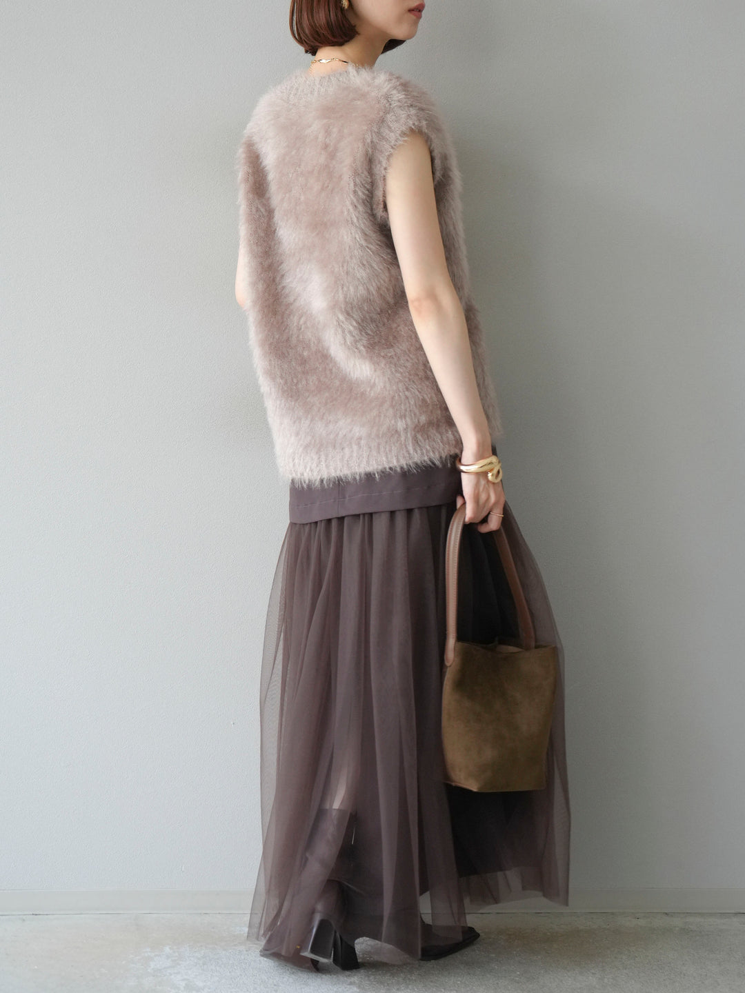 [予約]エステル切替チュールスカート/ブラウン