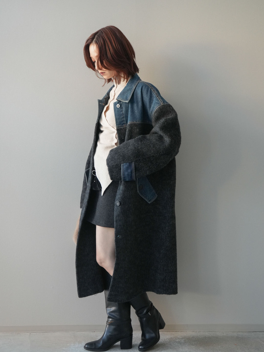 [予約]ウールタッチベルト付ミニスカート/black