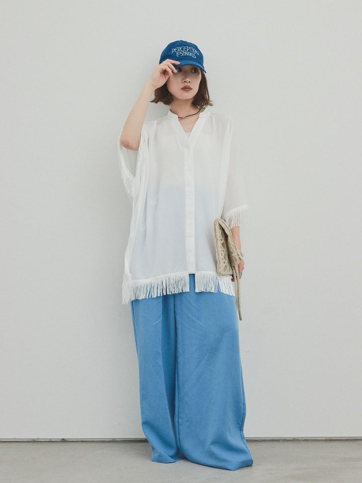 【預訂】亞麻觸感褶邊闊腿褲/藍色