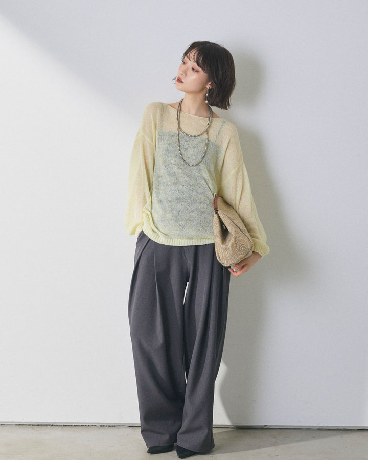 【Allure】[SET]モヘアタッチ透かし編みボートネックニットプルオーバー+アシンメトリーウエストタックパンツ(2set)