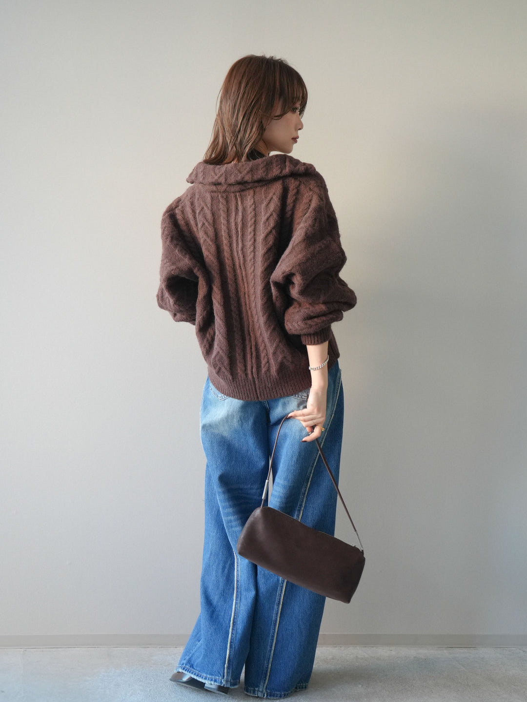 [SET]ケーブル編みハイネックZIPニットカーディガン+サイドフリンジワイドデニムパンツ(2set)