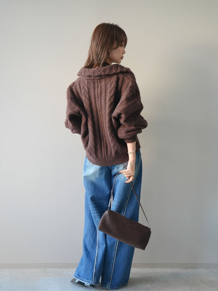 [SET]ケーブル編みハイネックZIPニットカーディガン+サイドフリンジワイドデニムパンツ(2set)