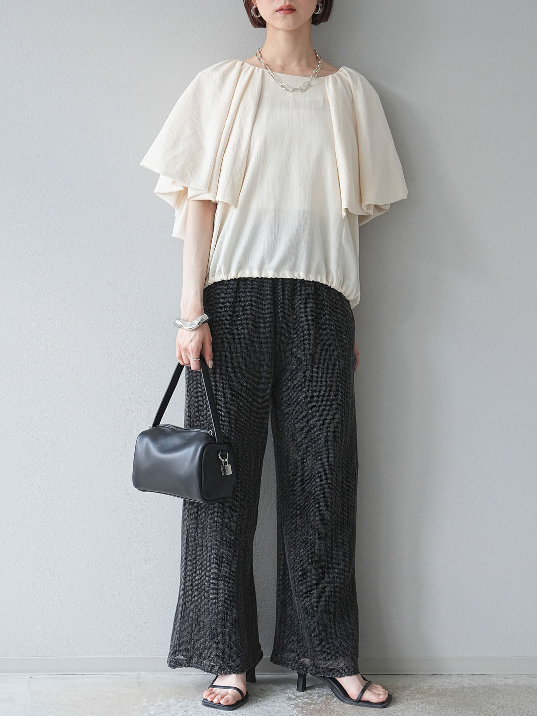 [予約]コットンラメメッシュイージーパンツ/グレー