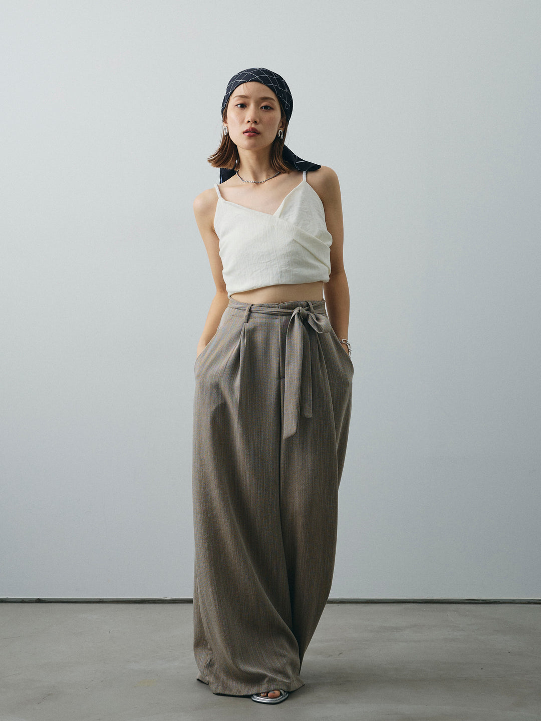 [SET]リネンライクカシュクールデザインビスチェ+リネンライクウエストリボンワイドパンツ(2set)