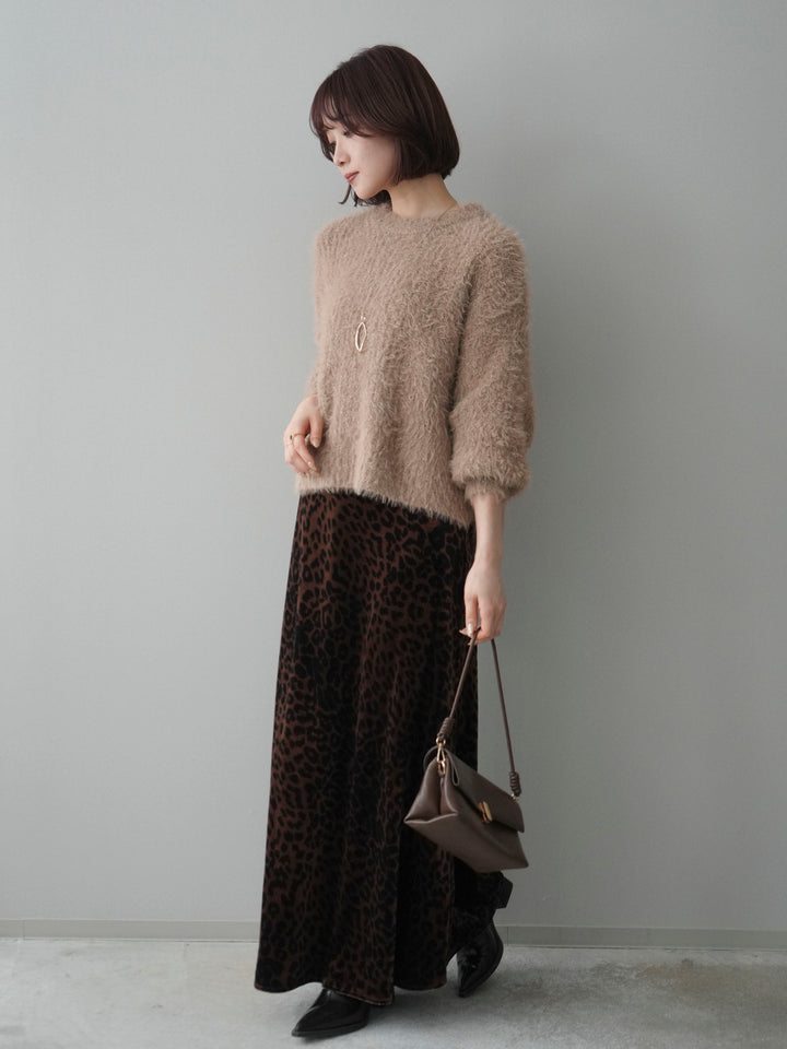 [SET]ボリュームスリーブシャギー MIXニットプルオーバー+レオパードベロアナロースカート(2set)