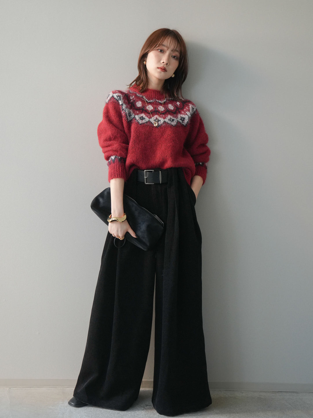 [SET]ソフトタッチ求心柄ニットプルオーバー+ベルトデザインループコールテンワイドパンツ(ベルト付き)(2set)