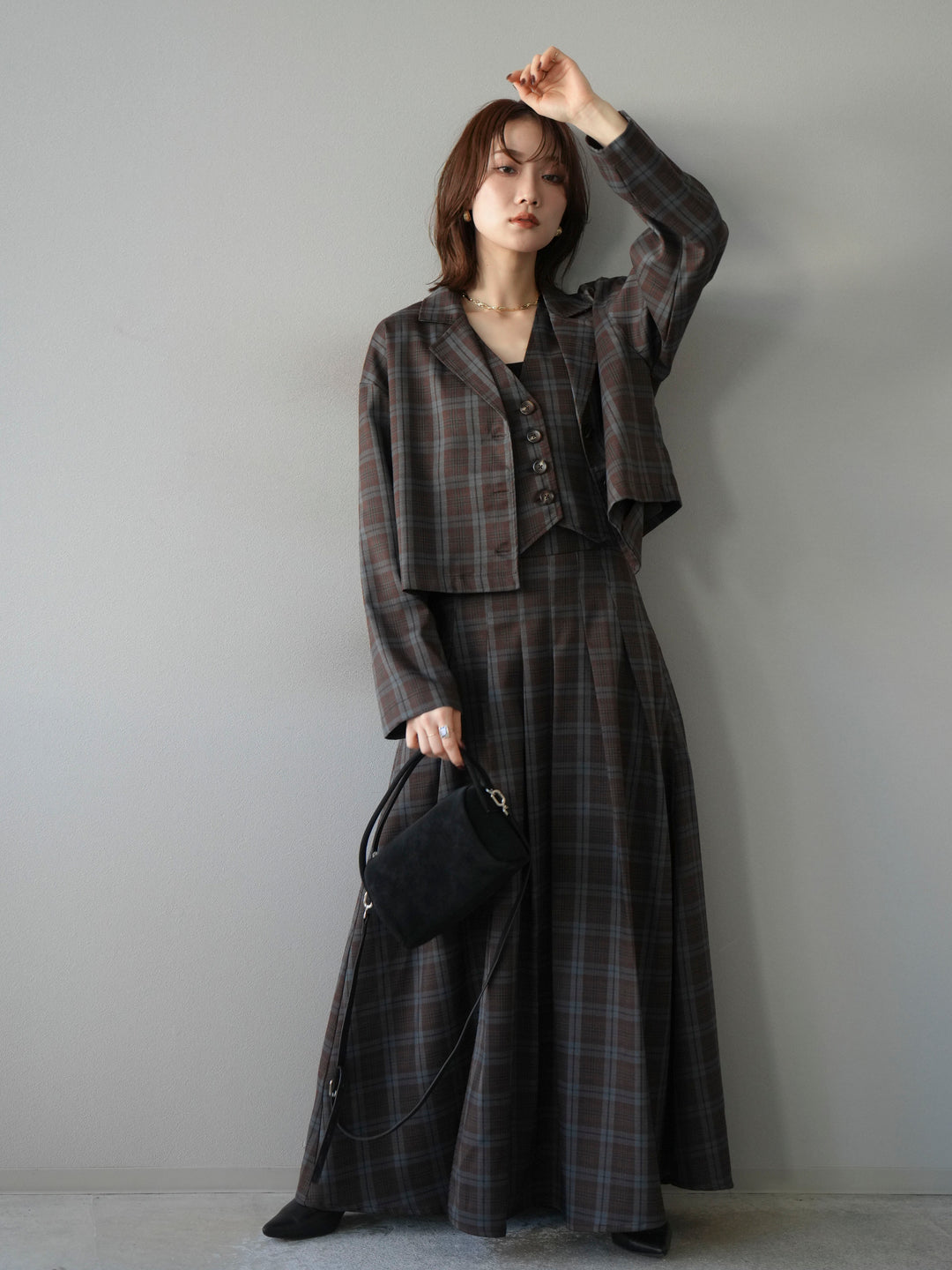 [SET]チェック柄ショートジャケット+チェック柄ベスト+チェック柄タックフレアスカート(3set)