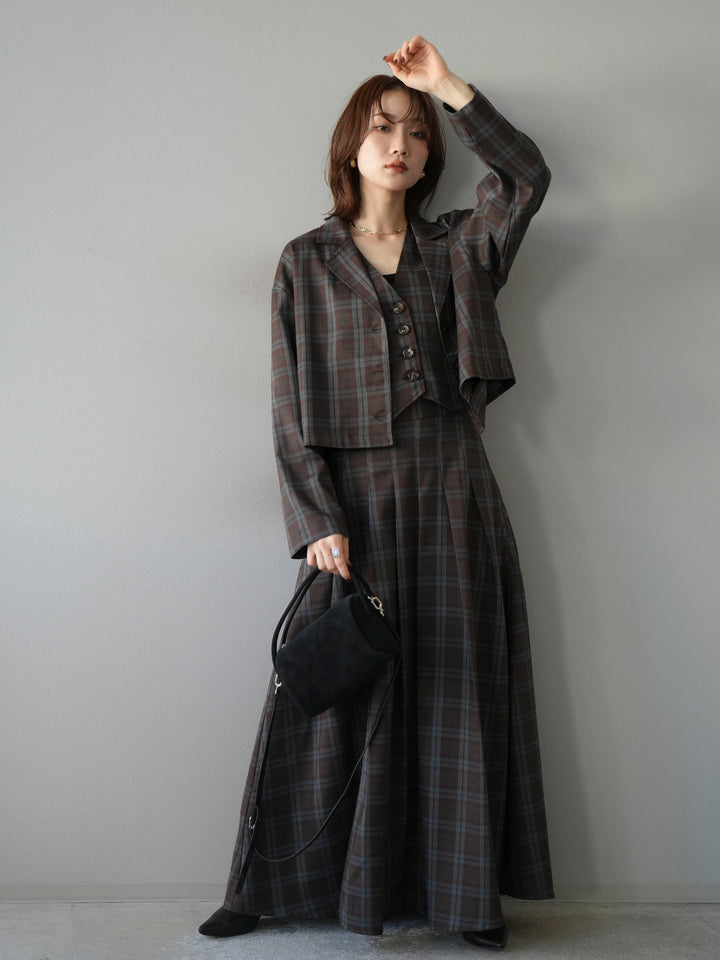 [SET]チェック柄ショートジャケット+チェック柄ベスト+チェック柄タックフレアスカート(3set)