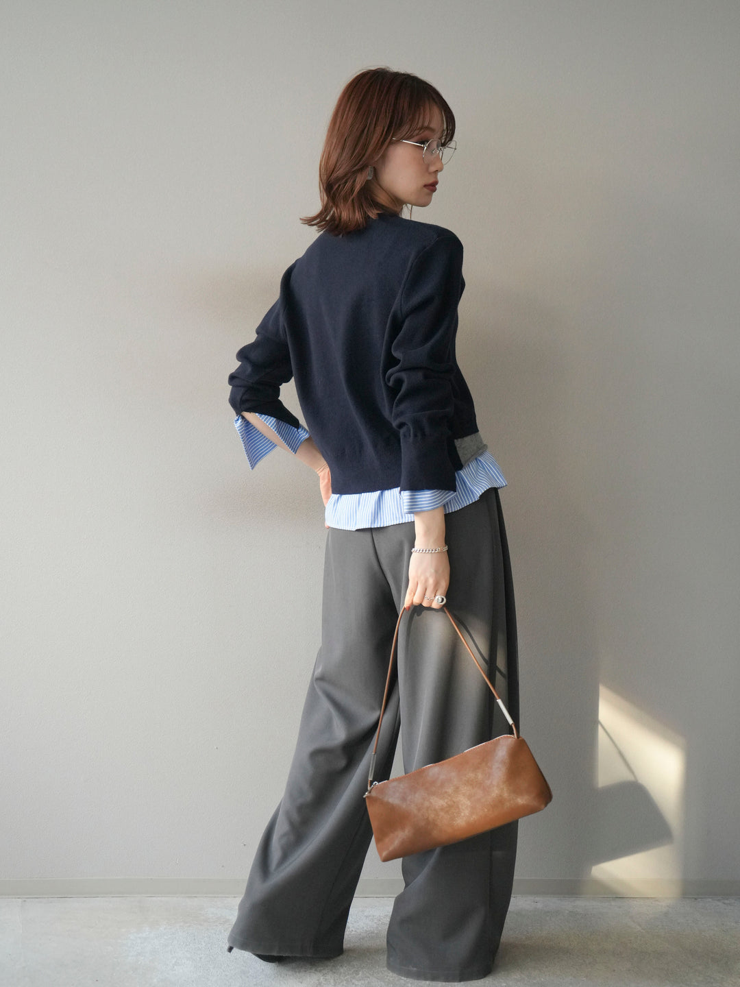 [SET]シャツ襟レイヤードニットカーディガン+ベルトループデザインワイドパンツ(2set)