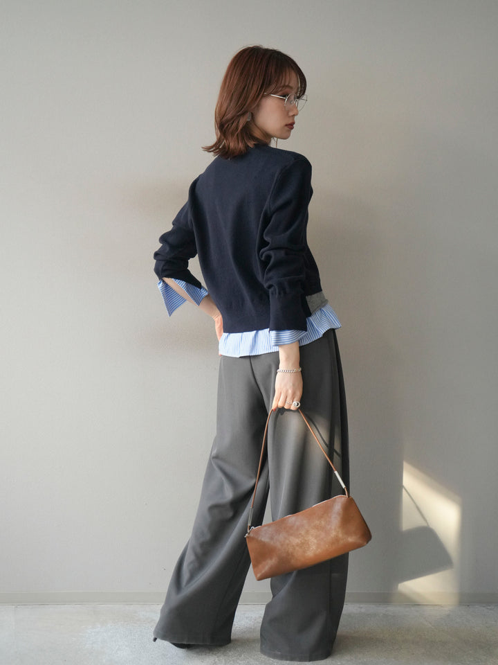 [SET]シャツ襟レイヤードニットカーディガン+ベルトループデザインワイドパンツ(2set)