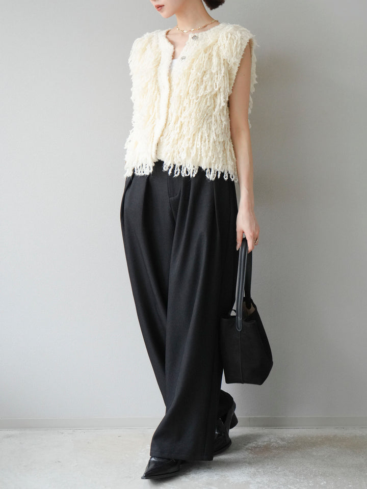 [予約]レザーパイピングタックワイドパンツ/ブラック