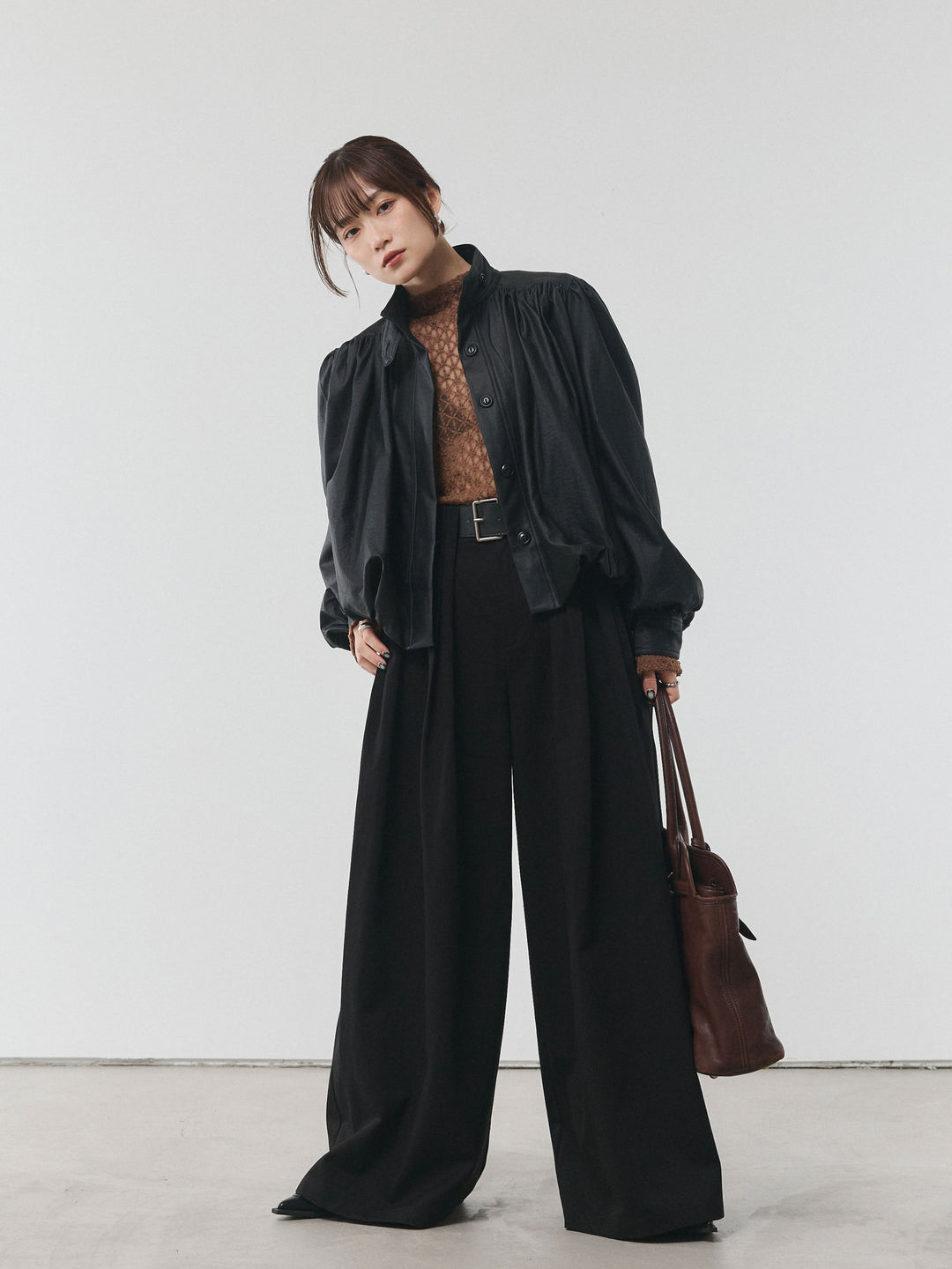 【Allure】[SET]フラワーレーストップス+ベルト付ダブルループワイドパンツ+ベルト付バルーンレザーブルゾン(3set)