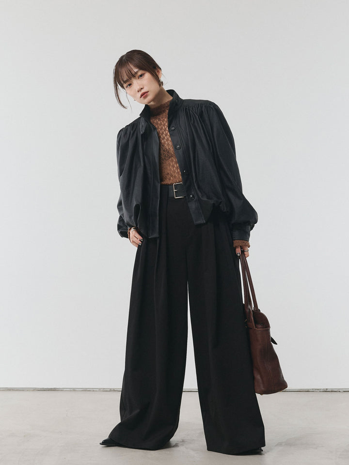 【Allure】[SET]フラワーレーストップス+ベルト付ダブルループワイドパンツ+ベルト付バルーンレザーブルゾン(3set)