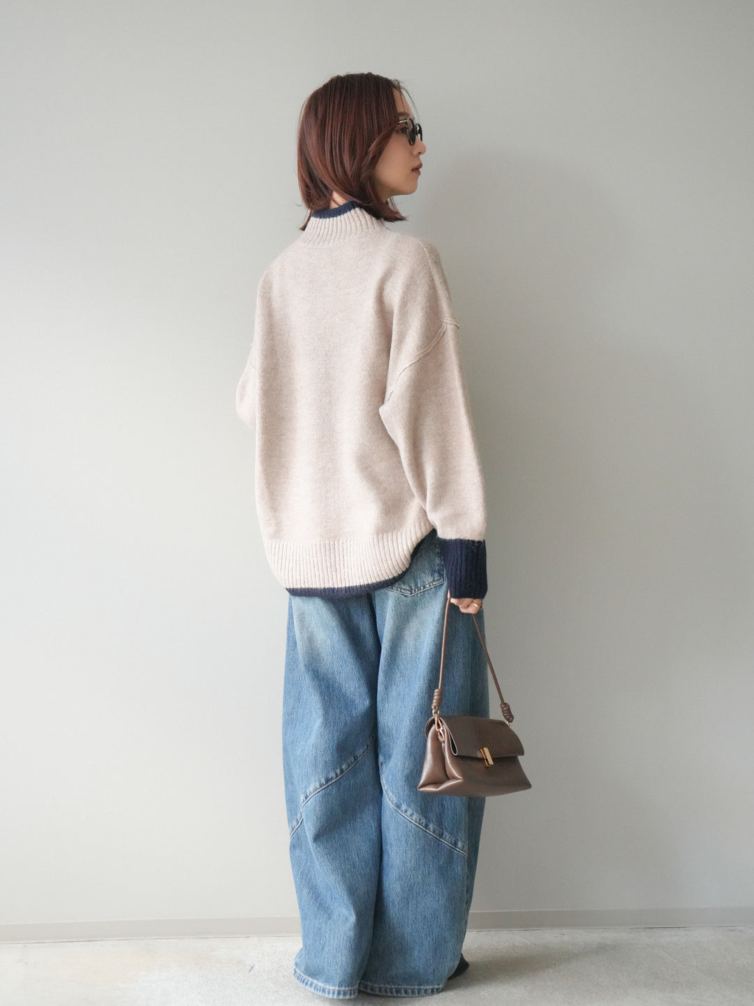 [SET]配色ハイネックニットプルオーバー+ペインターカーブデニムパンツ(2set)