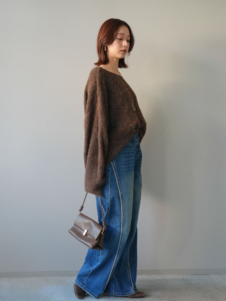 [SET]透かしデザインニットプルオーバー+サイドフリンジワイドデニムパンツ(2set)