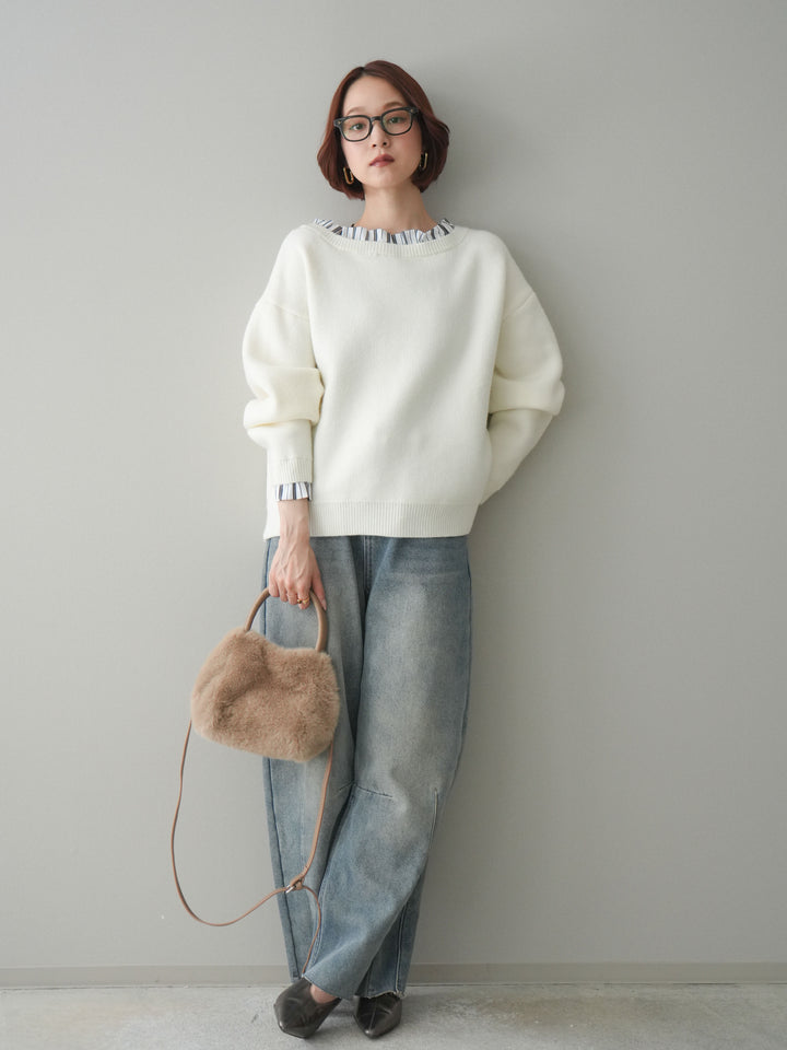 [予約]裏起毛カットオフカーブデニムパンツ/blue