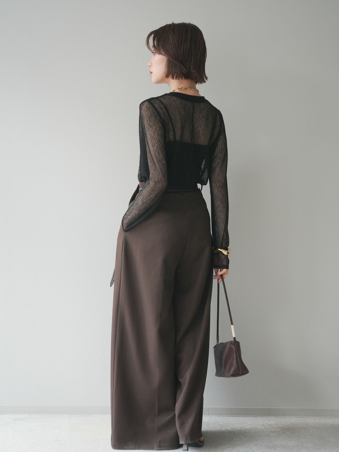 [SET]シアーストライプメッシュトップス+ドレープタックベルトループパンツ(2set)