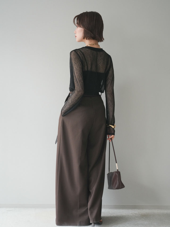 [SET]シアーストライプメッシュトップス+ドレープタックベルトループパンツ(2set)