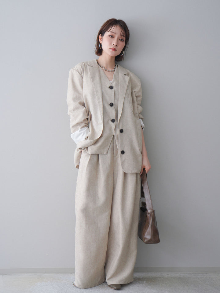 [予約]リネンライクタックワイドパンツ/oatmeal