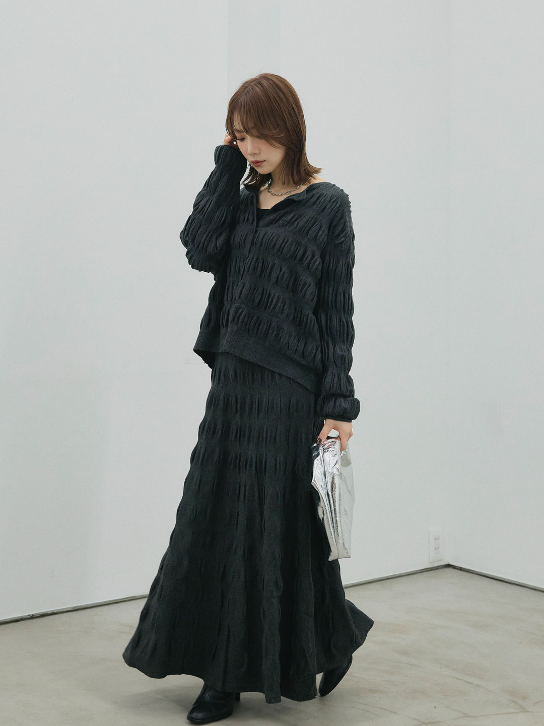 【Allure】[SET]シャーリングニットカーディガン&ニットスカートSET UP+シャーリングニットカーディガン&ニットスカートSET UP(2set)