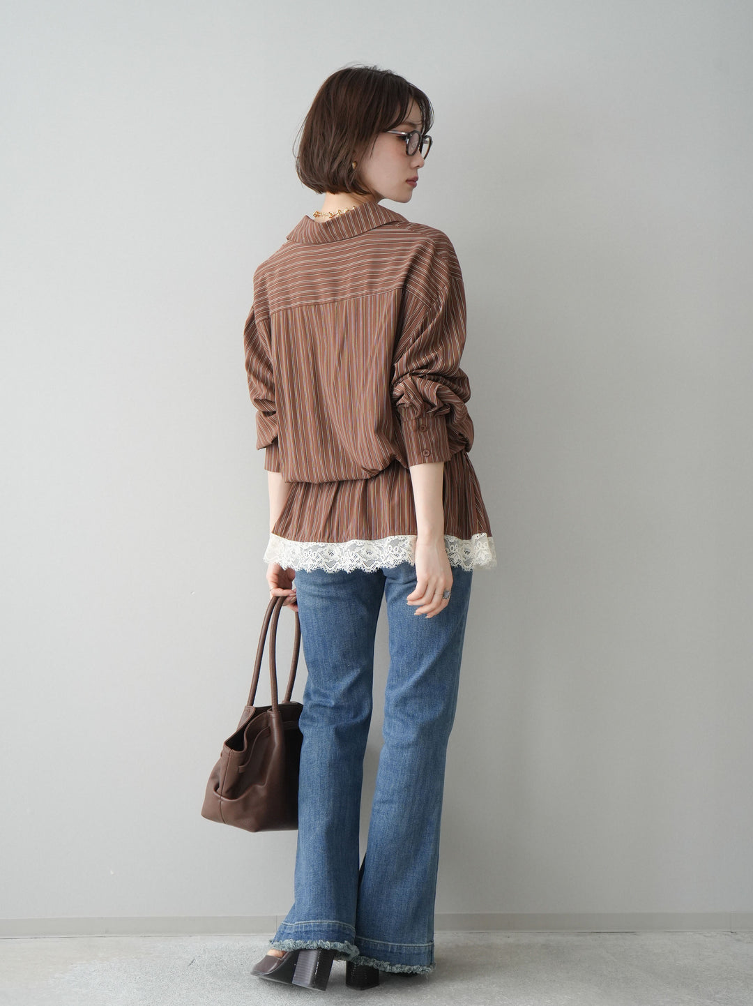 [SET]レース付ストライプウエストギャザーシャツ+フリンジデザインセミフレアデニム(2set)