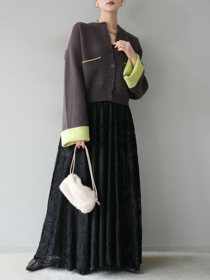 [SET]バイカラーオーバーニットカーディガン+アンティーク柄フロッキーマキシスカート(2set)