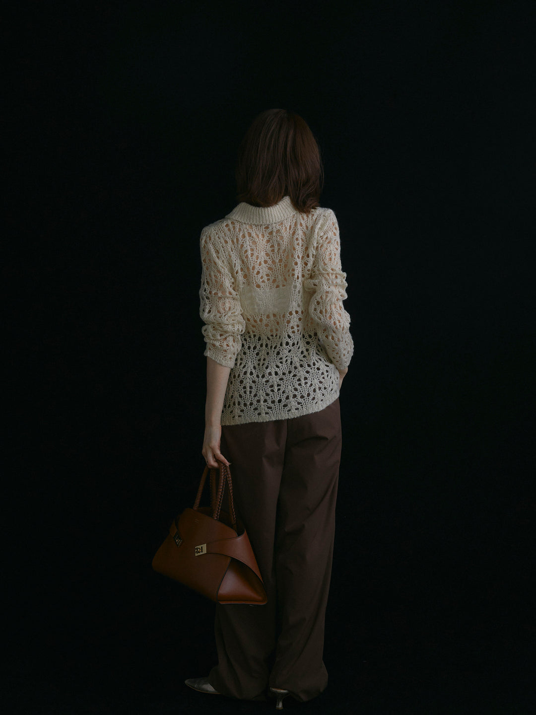 【Allure】[SET]ローゲージ透かし編みポロニッカーディガン+タフタワイドカーブパンツ(2set)