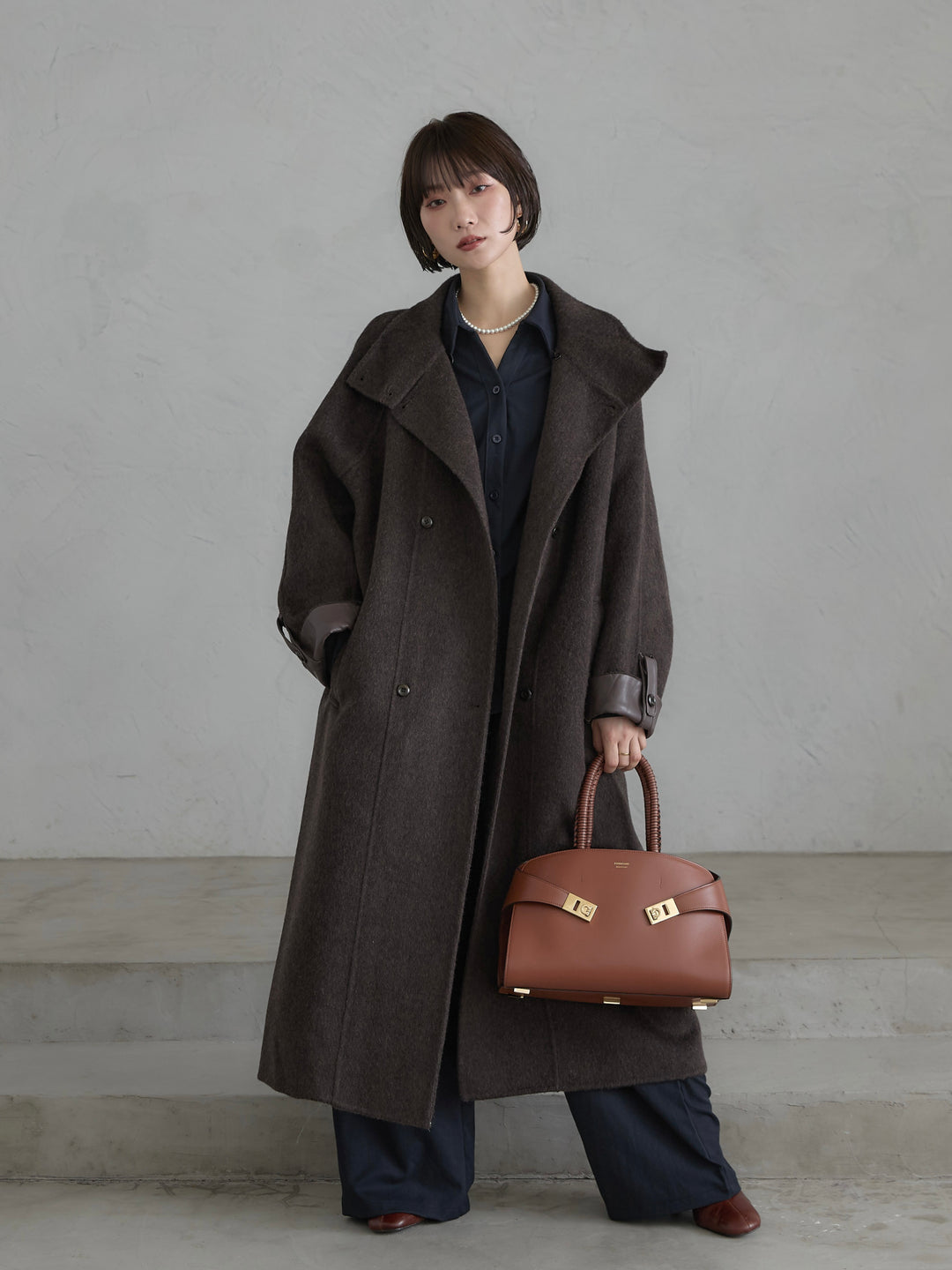 [予約]レザー切替ウールロングコート/darkbrown