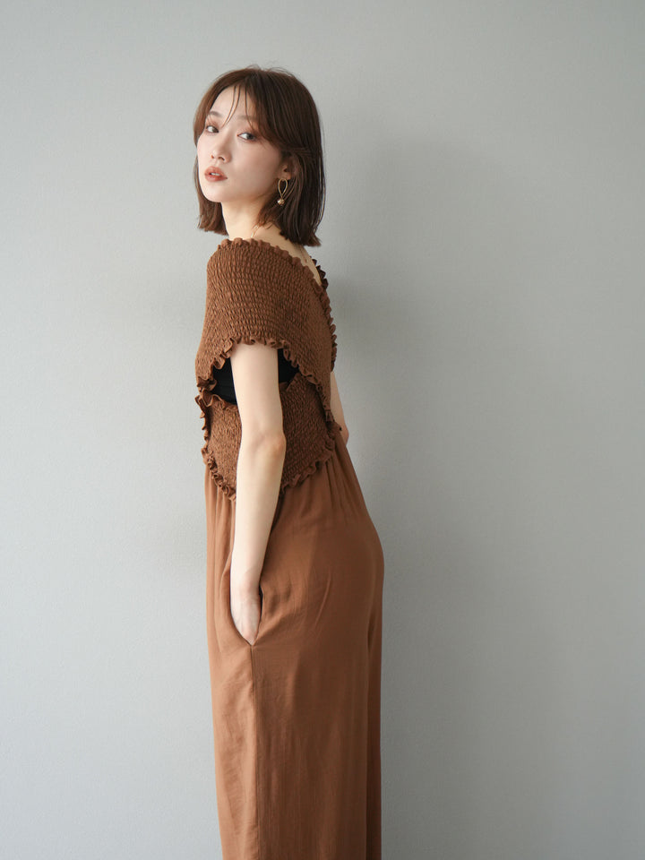 [予約]シャーリングクロスサロペット/ブラウン