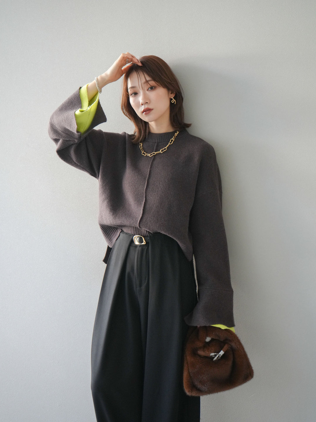 [予約]袖レイヤード配色ニットプルオーバー/brown