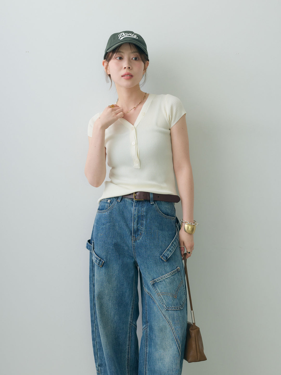 [SET]ネックレイヤードヘンリーVネックリブニットトップス+ペインターカーブデニムパンツ(2set)