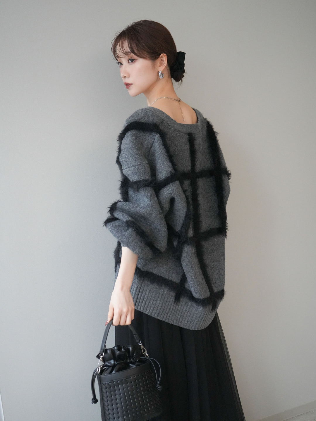 [予約]ミックスシャギーチェックカーディガン/charcoal