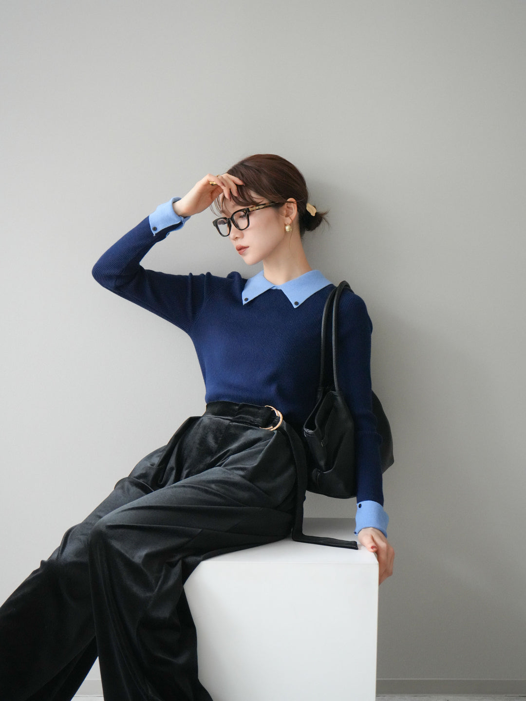 [予約]ニットカフス襟付き配色リブニットトップス/navy