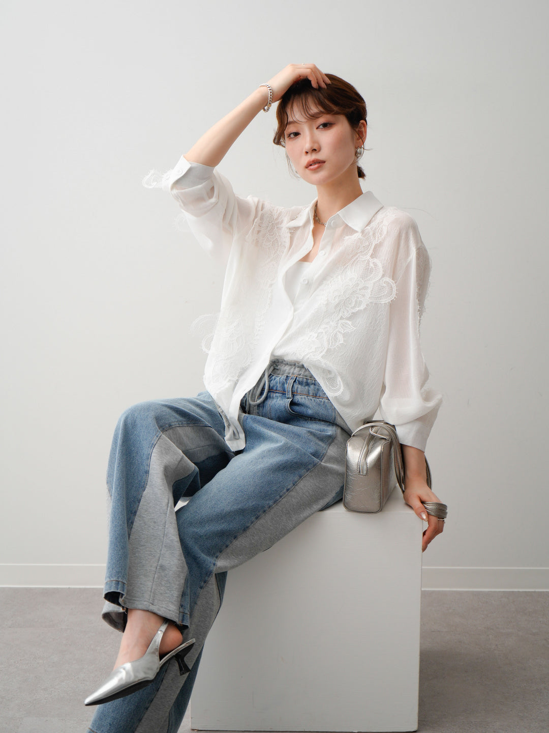 [SET]レースデザインドレープオーバーシャツ+デニム切替スウェットパンツ(2set)