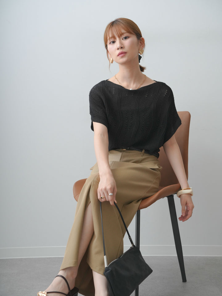 [SET]アイレットサマーニットトップス+クレープデシンフラップ付きストレートスカート(2set)