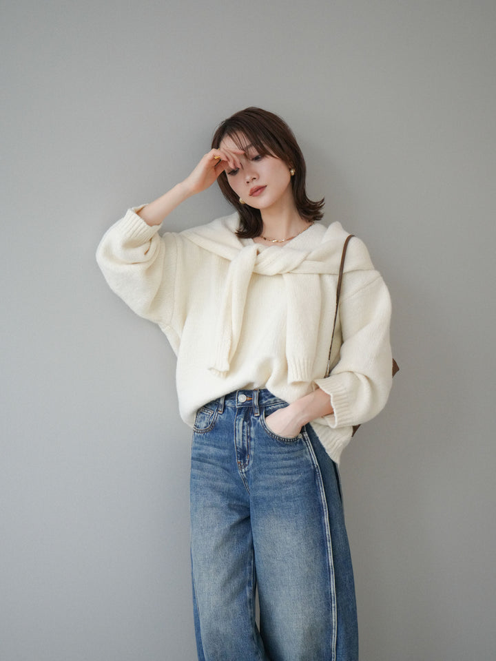 [予約]ストール付きVネックニットプルオーバー/white